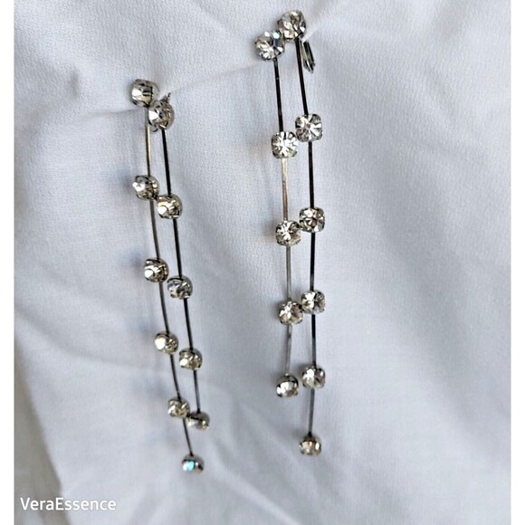 Vintage Glam Shoulder Duster Earrings Silver Tone Rhinestones 2 row 6" 80s - Picture 4 of 7